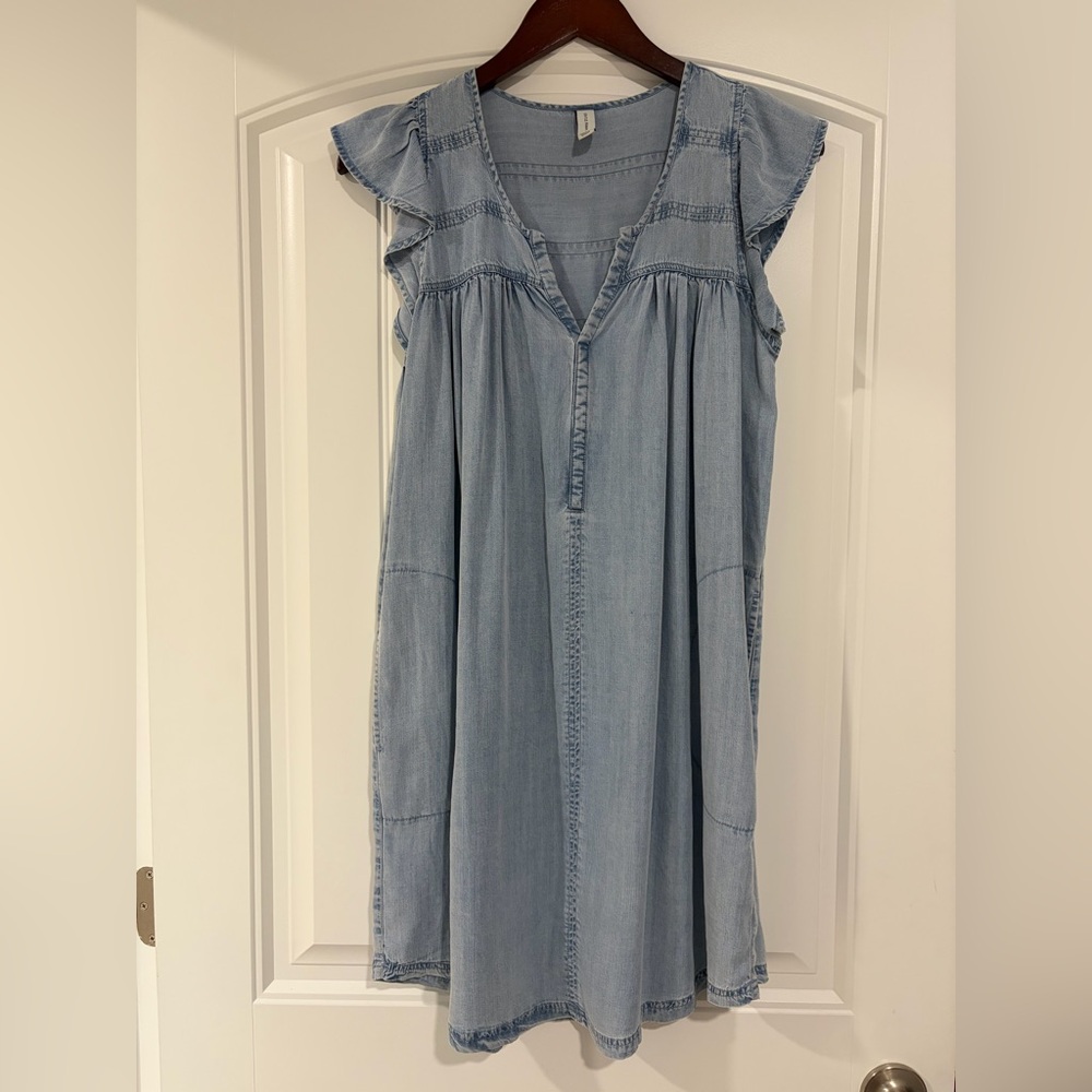 Gentle Fawn Light Blue Chambray V-Neck Ruffle Midi Dress